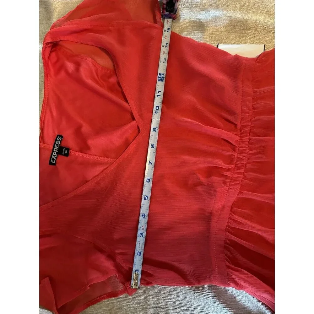 Express Coral Pink Mini Flutter Semi Sheer Sleeve‎ Dress Sz XS Fit & Flare Mini - Picture 9 of 9